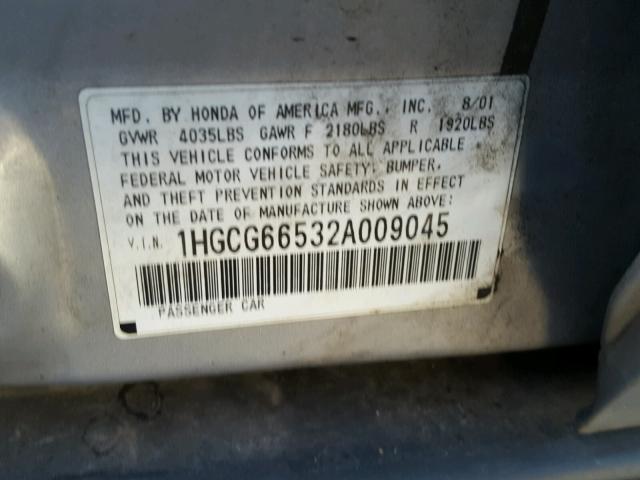 1HGCG66532A009045 - 2002 HONDA ACCORD LX SILVER photo 10