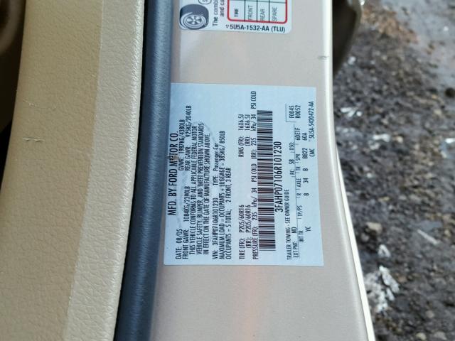 3FAHP07106R101230 - 2006 FORD FUSION SE TAN photo 10