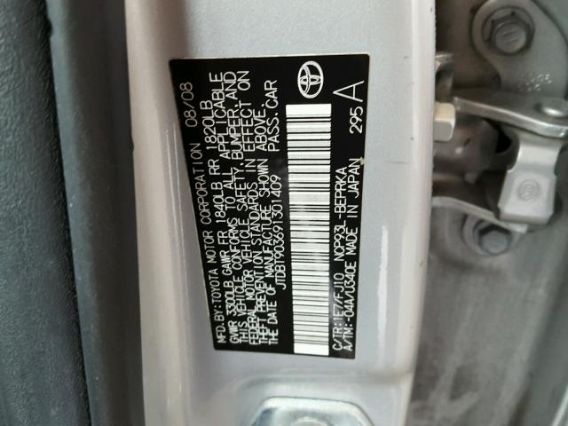 JTDBT903691301409 - 2009 TOYOTA YARIS GRAY photo 10