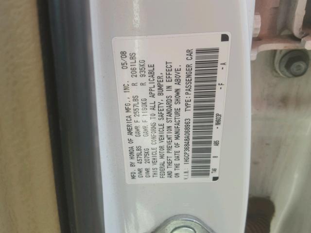 1HGCP36848A068963 - 2008 HONDA ACCORD EXL WHITE photo 10