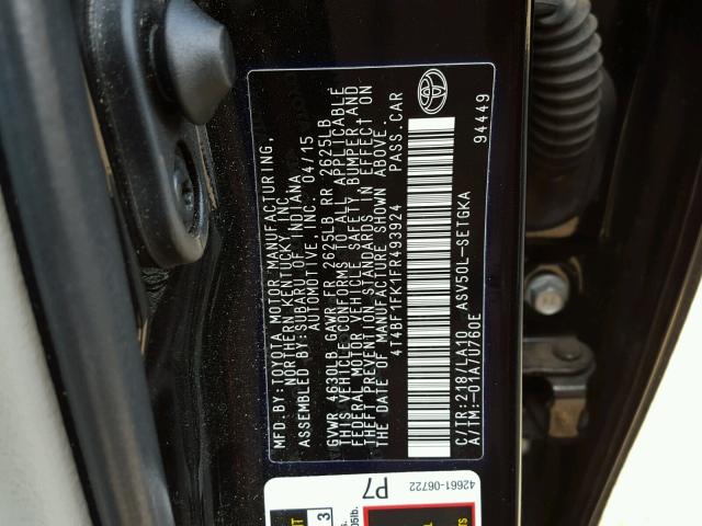 4T4BF1FK1FR493924 - 2015 TOYOTA CAMRY LE შავი ფოტო 10