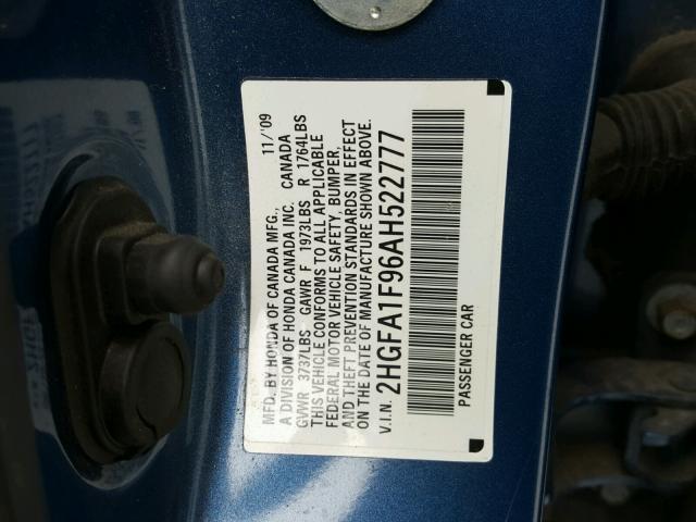 2HGFA1F96AH522777 - 2010 HONDA CIVIC EXL BLUE photo 10