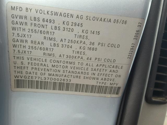 WVGZE77L37D002633 - 2007 VOLKSWAGEN TOUAREG V6 BLUE photo 10