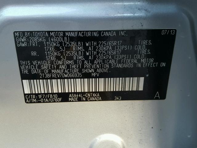 2T3BFREV7DW066935 - 2013 TOYOTA RAV4 LE Մոխրագույն լուսանկար 10