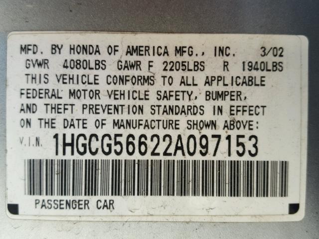 1HGCG56622A097153 - 2002 HONDA ACCORD EX SILVER photo 10