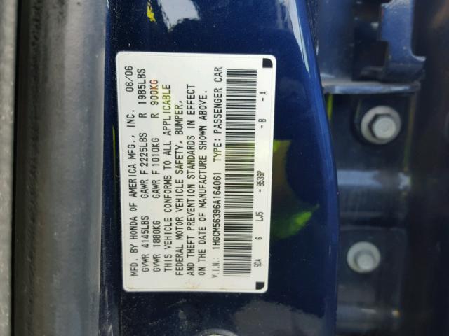 1HGCM56396A164061 - 2006 HONDA ACCORD SE BLUE photo 10