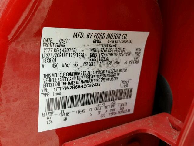 1FT7W2B66BEC92432 - 2011 FORD F250 SUPER RED photo 10