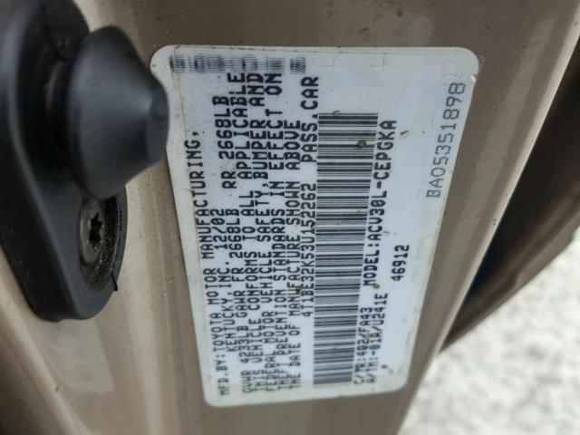 4T1BE32K53U152262 - 2003 TOYOTA CAMRY LE ოქროსფერი ფოტო 10