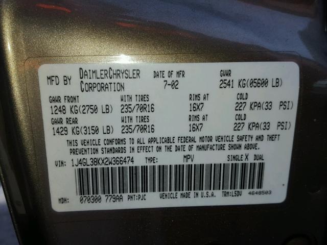 1J4GL38KX2W366474 - 2002 JEEP LIBERTY RE GOLD photo 10