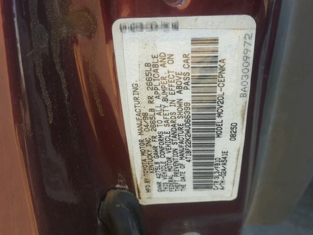 4T1BF22K2WU066399 - 1998 TOYOTA CAMRY CE BURGUNDY photo 10