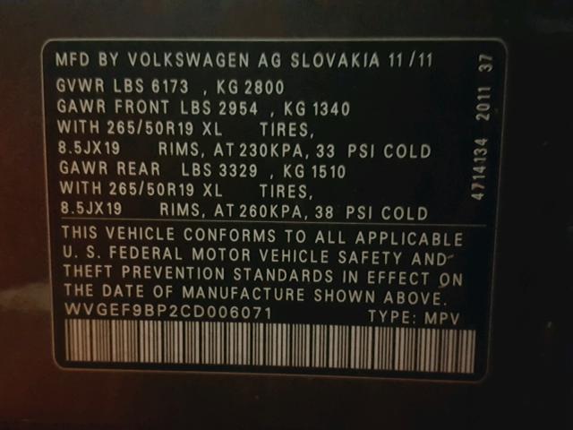 WVGEF9BP2CD006071 - 2012 VOLKSWAGEN TOUAREG V6 GRAY photo 10