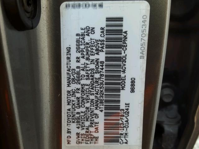 4T1BE32K53U787448 - 2003 TOYOTA CAMRY LE GRAY photo 10