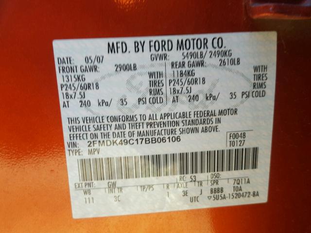 2FMDK49C17BB06106 - 2007 FORD EDGE SEL P ORANGE photo 10