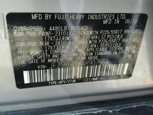 JF2SH6CC0AH902663 - 2010 SUBARU FORESTER 2 SILVER photo 10