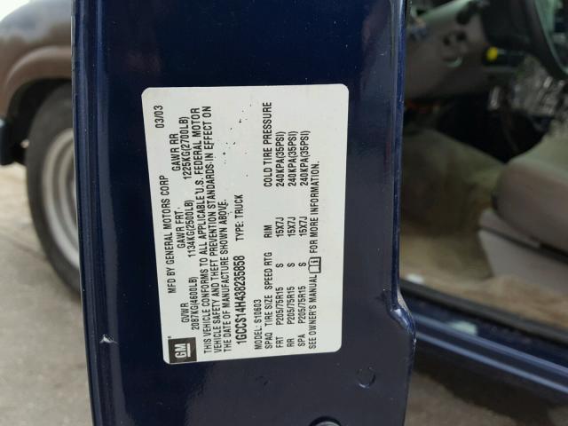 1GCCS14H438235858 - 2003 CHEVROLET S TRUCK S1 BLUE photo 10