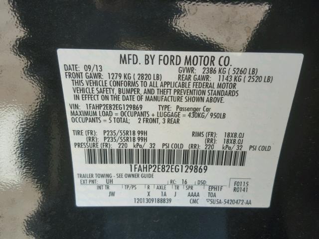 1FAHP2E82EG129869 - 2014 FORD TAURUS SEL BLACK photo 10