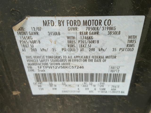 1FTPW12V58KC57246 - 2008 FORD F150 SUPER GREEN photo 10