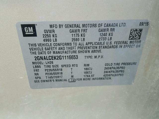 2GNALCEK2G1116653 - 2016 CHEVROLET EQUINOX LT GOLD photo 10