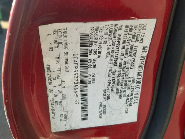 1FAFP55273A182457 - 2003 FORD TAURUS SES RED photo 10