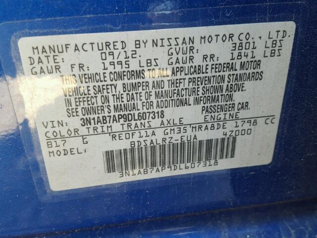 3N1AB7AP9DL607318 - 2013 NISSAN SENTRA S BLUE photo 10