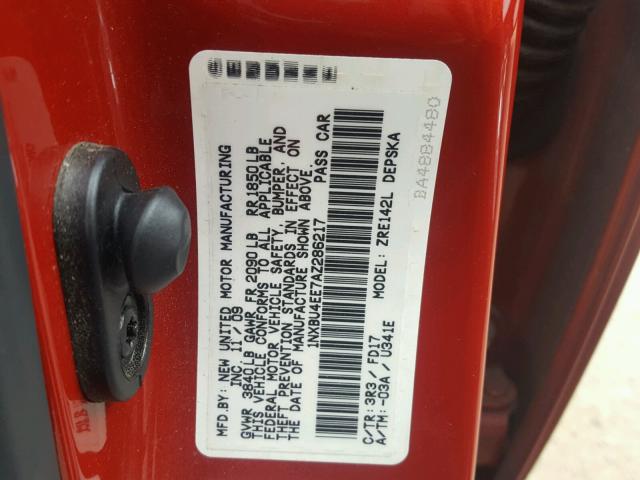 1NXBU4EE7AZ286217 - 2010 TOYOTA COROLLA BA RED photo 10