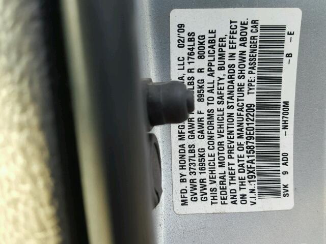 19XFA15879E012209 - 2009 HONDA CIVIC EX SILVER photo 10