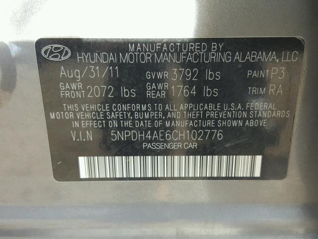 5NPDH4AE6CH102776 - 2012 HYUNDAI ELANTRA GL GRAY photo 10