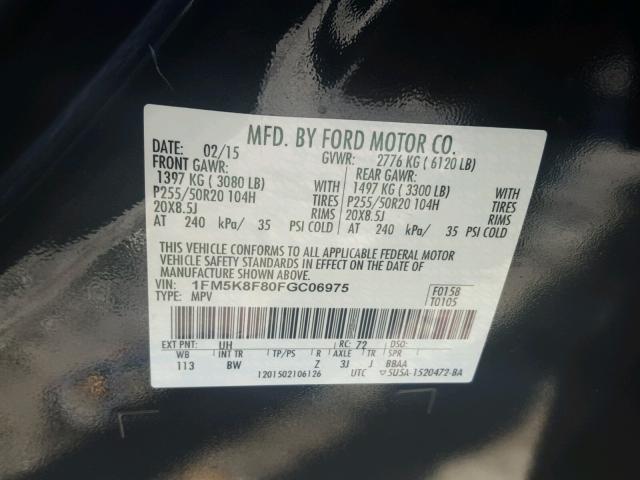 1FM5K8F80FGC06975 - 2015 FORD EXPLORER L BLACK photo 10