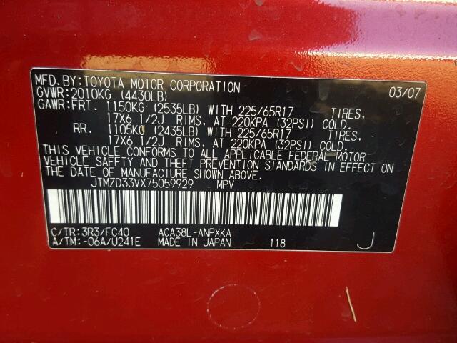 JTMZD33VX75059929 - 2007 TOYOTA RAV4 RED photo 10