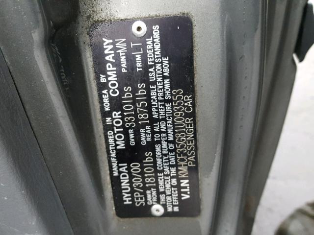 KMHCF35G81U093553 - 2001 HYUNDAI ACCENT L GRAY photo 10