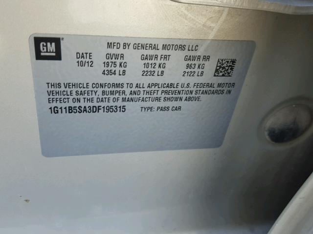 1G11B5SA3DF195315 - 2013 CHEVROLET MALIBU LS 银色 照片 10