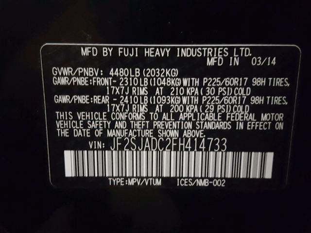 JF2SJADC2FH414733 - 2015 SUBARU FORESTER 2 BLACK photo 10