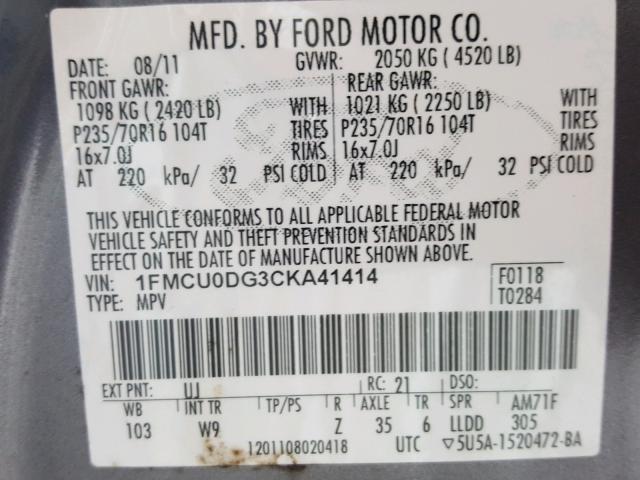 1FMCU0DG3CKA41414 - 2012 FORD ESCAPE XLT GRAY photo 10