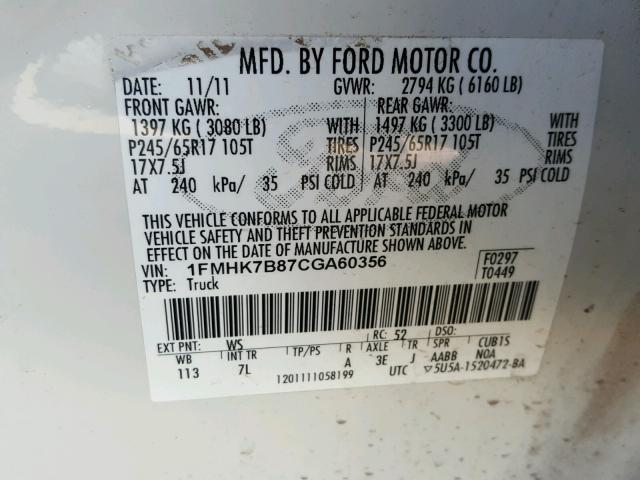 1FMHK7B87CGA60356 - 2012 FORD EXPLORER WHITE photo 10