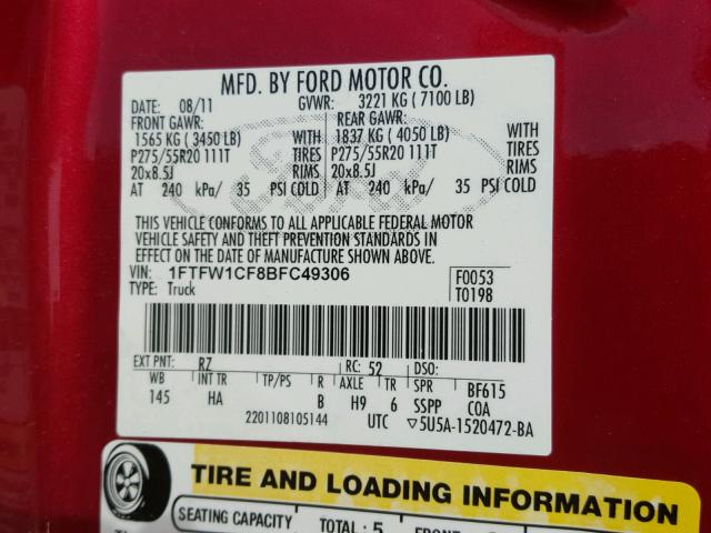 1FTFW1CF8BFC49306 - 2011 FORD F150 SUPER RED photo 10