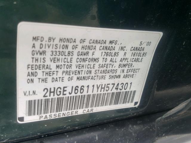 2HGEJ6611YH574301 - 2000 HONDA CIVIC BASE Yaşıl foto 10