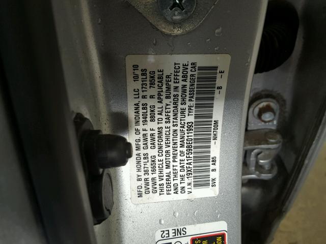 19XFA1F59BE011993 - 2011 HONDA CIVIC LX SILVER photo 10