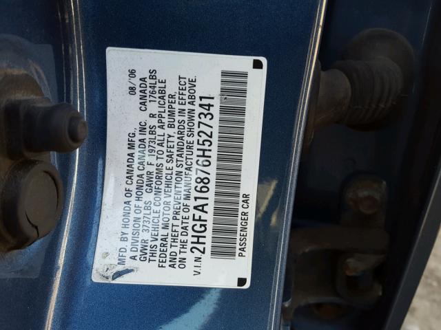 2HGFA16876H527341 - 2006 HONDA CIVIC EX 蓝色 照片 10