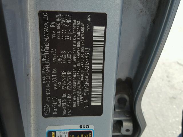 5NMSH4AG4AH378618 - 2010 HYUNDAI SANTA FE S 灰色 照片 10