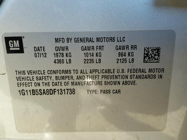 1G11B5SA8DF131738 - 2013 CHEVROLET MALIBU LS SILVER photo 10