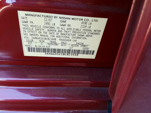 1N4BA41E58C823448 - 2008 NISSAN MAXIMA SE RED photo 10