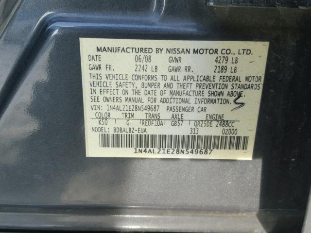 1N4AL21E28N549687 - 2008 NISSAN ALTIMA 2.5 GRAY photo 10