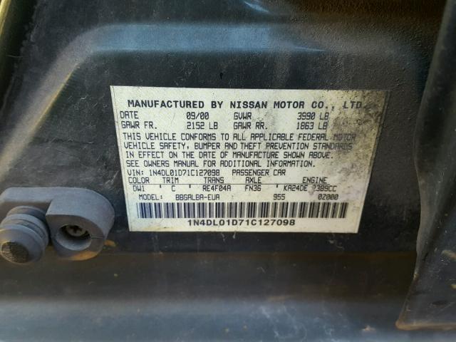 1N4DL01D71C127098 - 2001 NISSAN ALTIMA XE GREEN photo 10