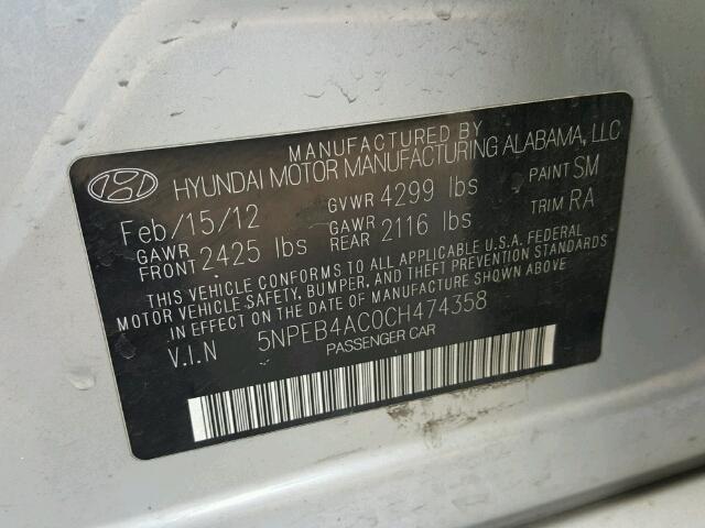 5NPEB4AC0CH474358 - 2012 HYUNDAI SONATA GLS SILVER photo 10