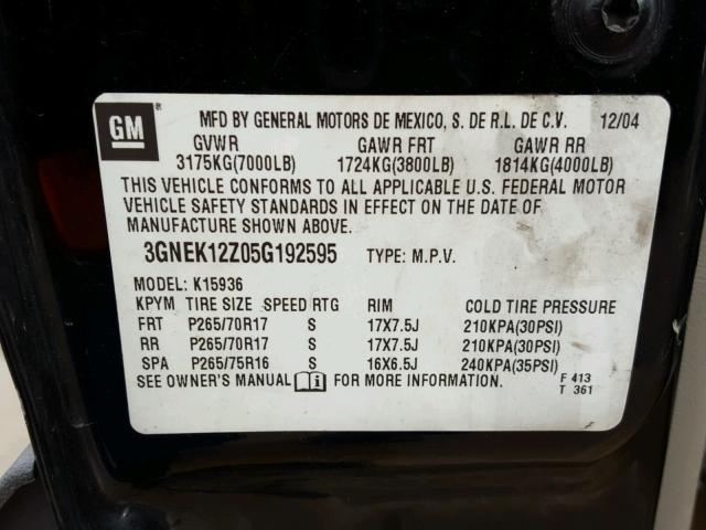 3GNEK12Z05G192595 - 2005 CHEVROLET AVALANCHE BLACK photo 10