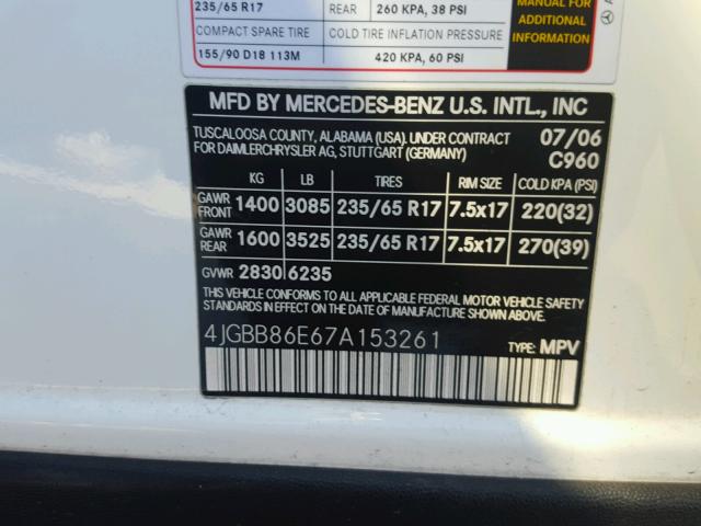 4JGBB86E67A153261 - 2007 MERCEDES-BENZ ML 350 WHITE photo 10