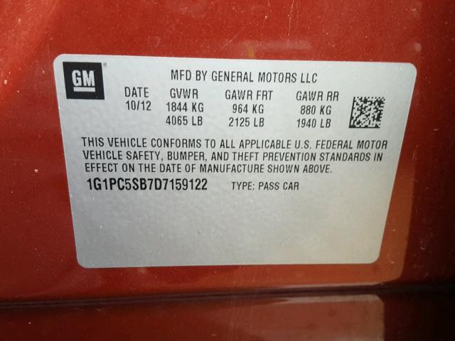 1G1PC5SB7D7159122 - 2013 CHEVROLET CRUZE LT ORANGE photo 10