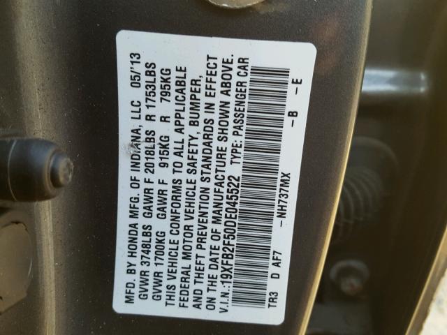 19XFB2F50DE045522 - 2013 HONDA CIVIC LX GRAY photo 10