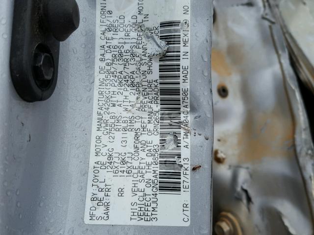 3TMJU4GN5AM108503 - 2010 TOYOTA TACOMA DOU SILVER photo 10