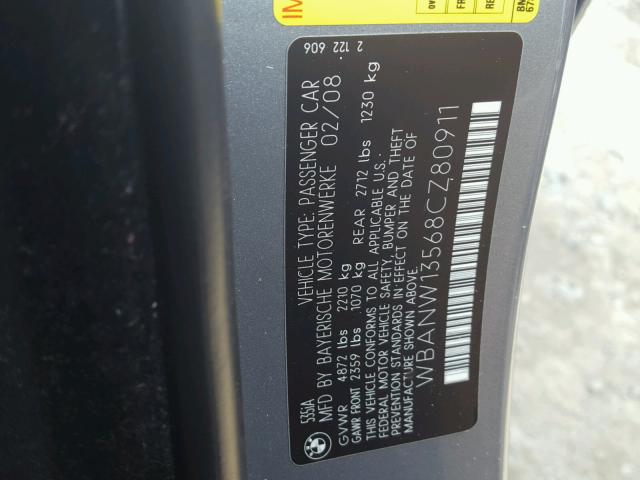 WBANW13568CZ80911 - 2008 BMW 535 I GRAY photo 10